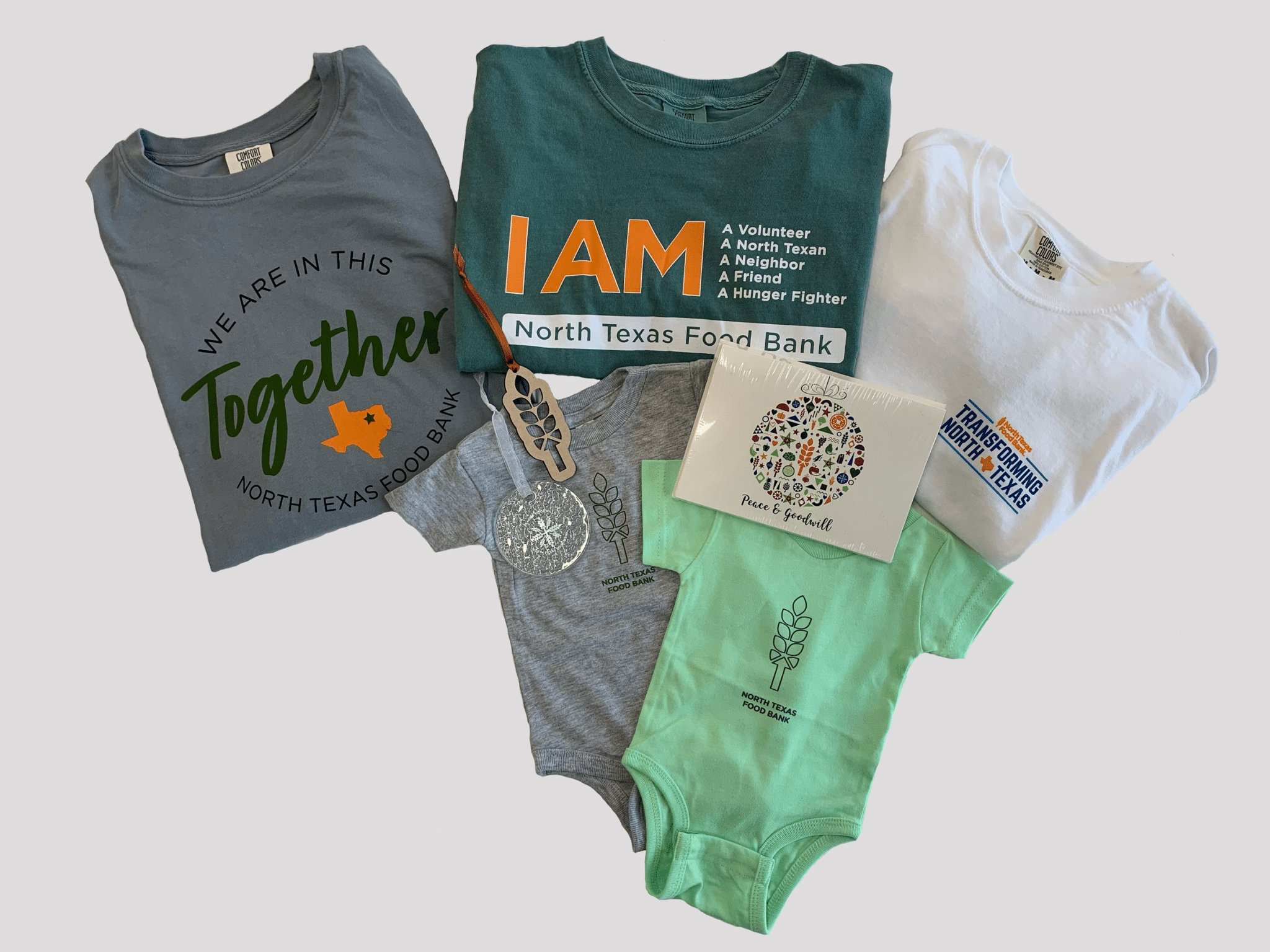 North Texas Food Bank e-store items including t-shirts, cards, onesies, and ornaments
