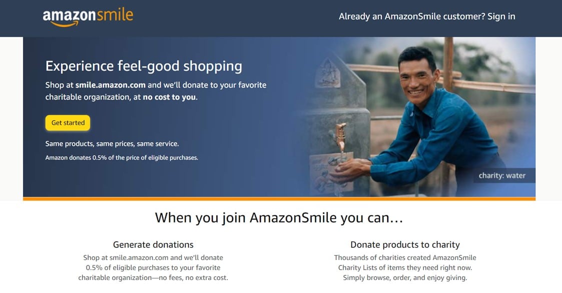 Amazon website to register for Amazon Smile