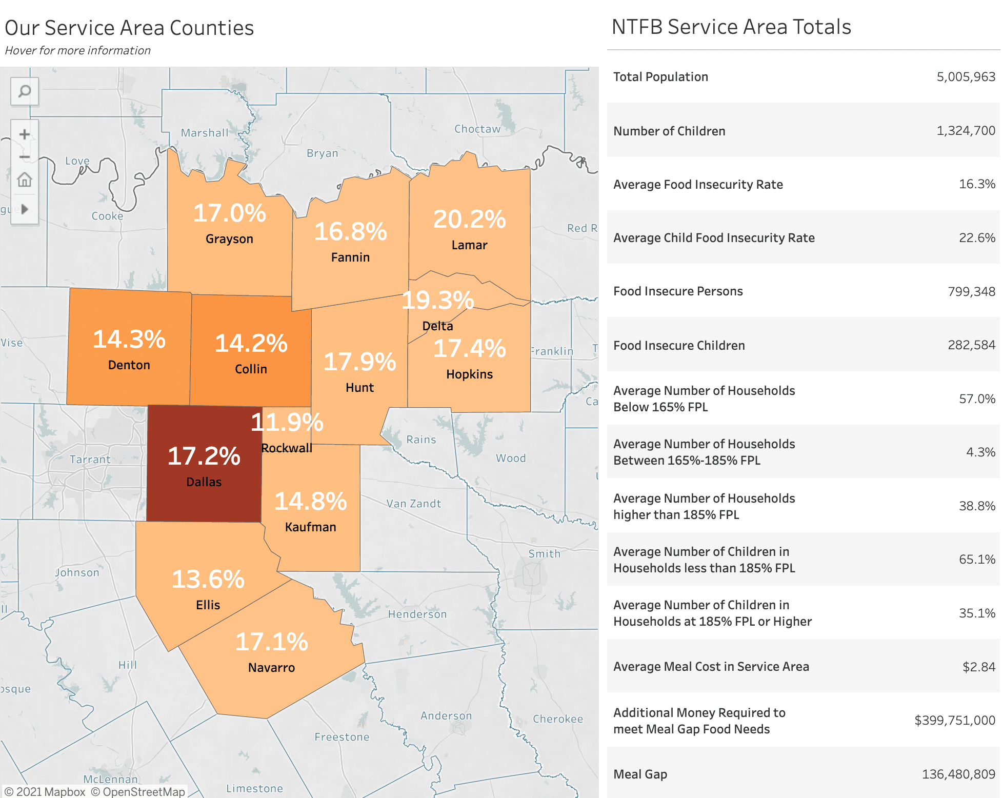 Map of North Texas Food Bank's Counties Fod insecurity rates