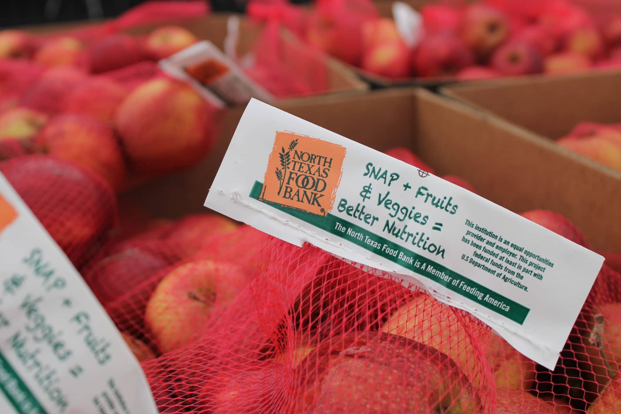 Bags of SNAP produce with the North Texas Food Bank logo