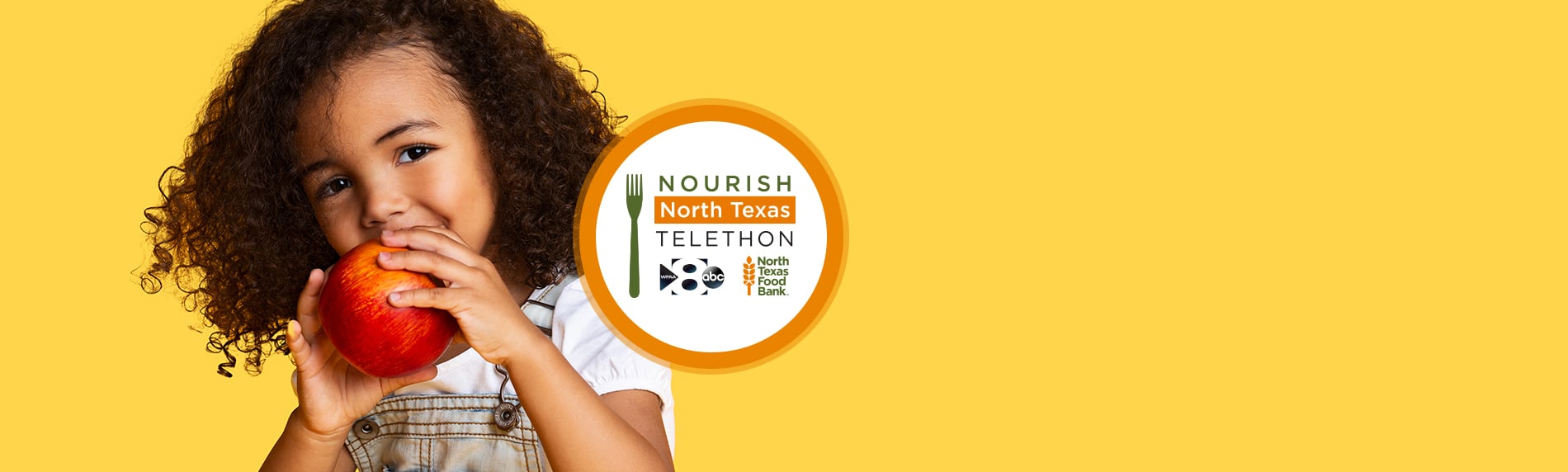 Young girl holding an apple next to the Nourish North Texas Telethon Logo