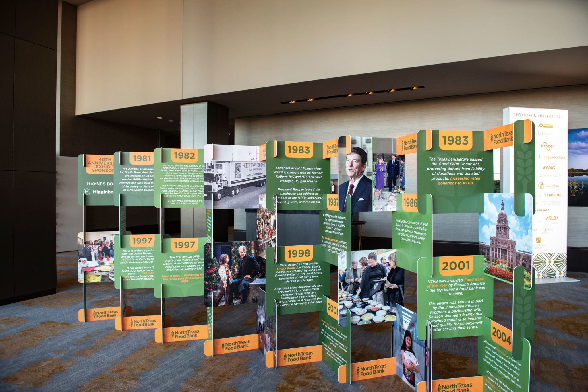 Timeline display of the North Texas Food Bank's milestones displayed at Harvest, an event celebrating NTFB's 40th anniversary