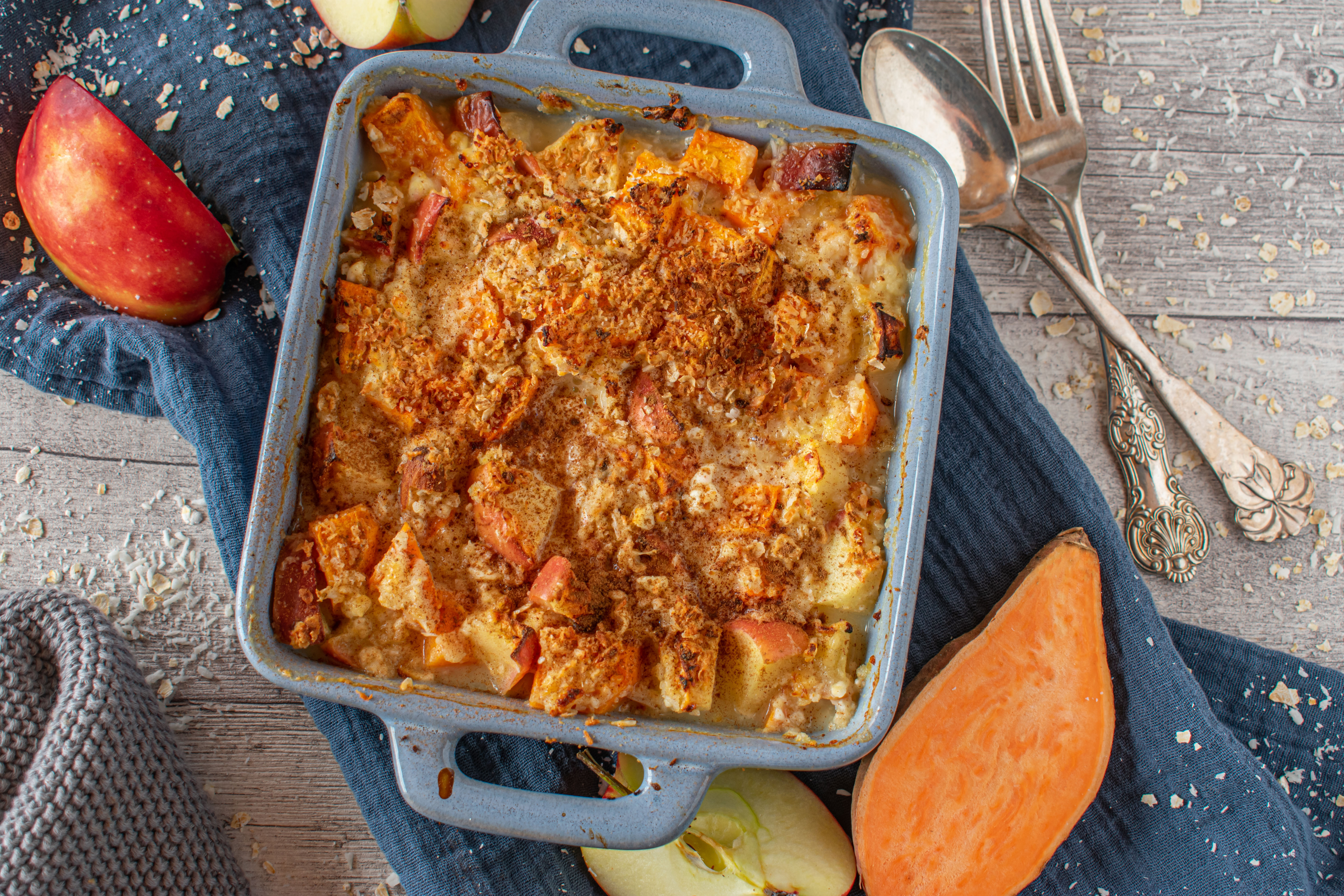 Sweet Potato Apple Casserole Baked With Cottage Cheese And Toppe