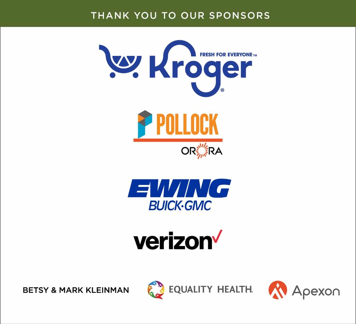 Empty Bowls 2024 Sponsors: Kroger, Pollock Orora, Ewing Buick GMC, Verizon, Betsy and Mark Kleinman, Equality Health, Apexon.